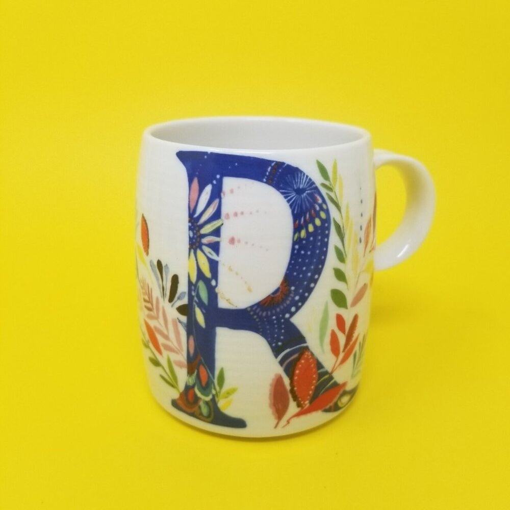 Anthropologie Cup R Coffee Mug Starla Hoffmann Monogram "R" White